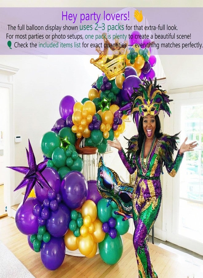 kozee Mardi Gras Balloon Garland Arch Kit 110pcs Dark Purple Green Pearl Gold with Mylar Star Crown Large Mask Balloons for Fat Tuesday Mardi Gras Birthday Masquerade Theme Party Decoration (Purple Green) - Image 3